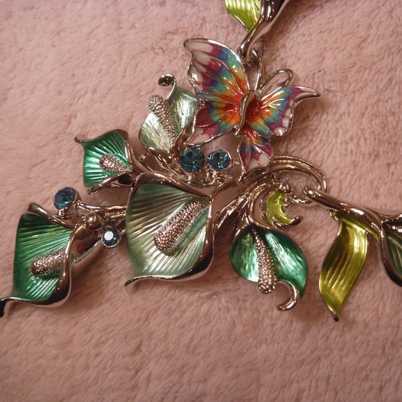 Silver tone Set Earrings Necklace Floral Enamel - Picture 3 of 8